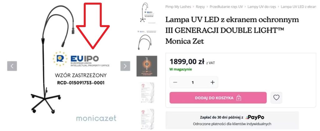 Literka D w&nbsp;kółku przy zarejestrowanym wzorze.